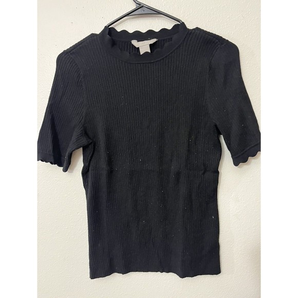 H&M Top Womens Size Medium Black Ribbed Knit Short Sleeve Pullover Stretch - Picture 1 of 5